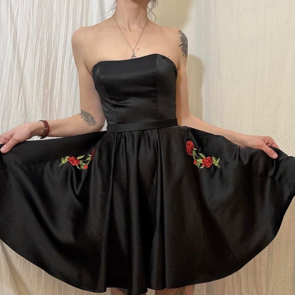 Black Strapless Formal Dress with Red Floral Accents and Tulle Underlay size xs